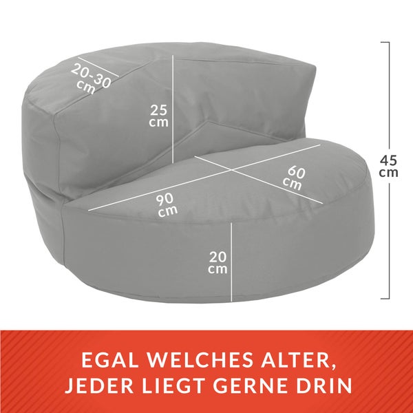 Green Bean Sitzsack Sofa mit Füllmaterial - Lounge im Sitzsack-Design 90x50cm mit ergonomischer Rückenlehne & waschbarem Bezug - Indoor und Outdoor geeignet in Hellgrau