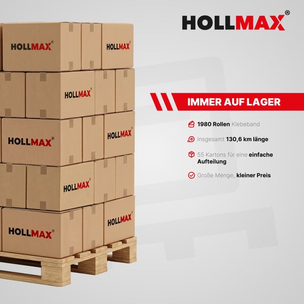 Hollmax Klebeband auf Palette: 1980 Rollen in 55 Kartons mit einer Gesamtlänge von 130,6 Kilometern. Hollmax Logo.