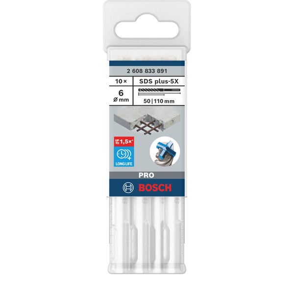 Bosch Hammerbohrer Set mit zehn SDS plus-5X Bohrern, Durchmesser sechs Millimeter, Länge 50 bis 110 Millimeter