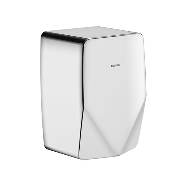 Delabie Händetrockner aus verchromtem Edelstahl mit eckigem Design für die Wandmontage.