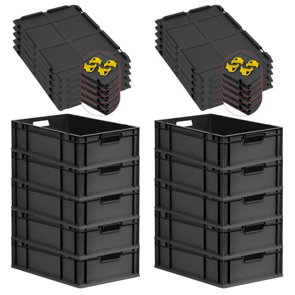 PROREGAL SparSet 10x Eurobox NextGen Grip mit Auflagedeckel inkl. 4 gelben Schiebeschnappverschlüssen, HxBxT 17x40x60cm, 34 Liter, Schwarz, Griffe offen, Eurobehälter, Transportbox, Transportbehälter, Stapelbehälter