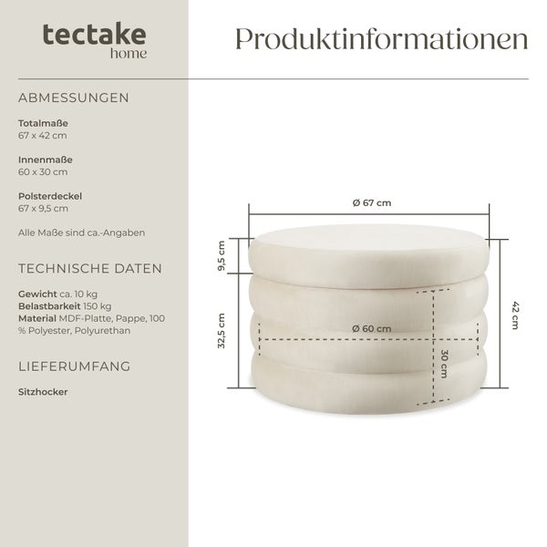Sitzhocker mit Stauraum tectake Altu XL 67 x 42 cm rund Samtoptik creme-weiß