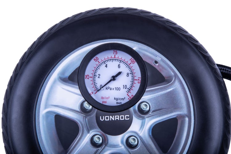 VONROC Mini Kompressor 12V - Mit Manometer - Max. 10 bar - inkl. 3 Adaptern