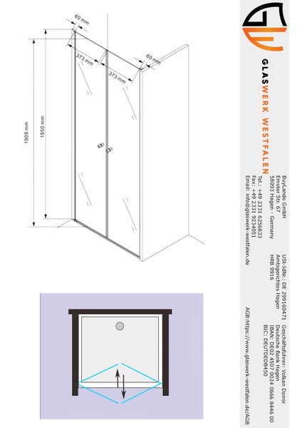 Technische Zeichnung einer Duschkabine mit Maßangaben