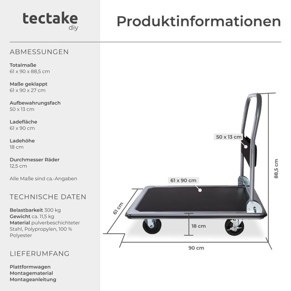 Produktinformationen zu Abmessungen, technischen Daten und Lieferumfang des Plattformwagens