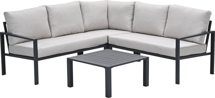 Modernes Garten-Lounge-Set aus Metall mit Ecksofa, grauen Polstern und quadratischem Tisch.