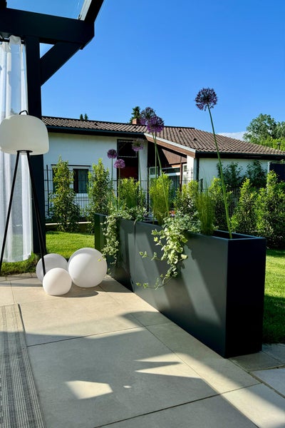Moderner, dunkelgrauer Pflanzkasten als Raumtrenner auf einer Terrasse mit Allium, Gräsern, Kugelleuchten und Stehlampe vor einem hellen Wohnhaus.