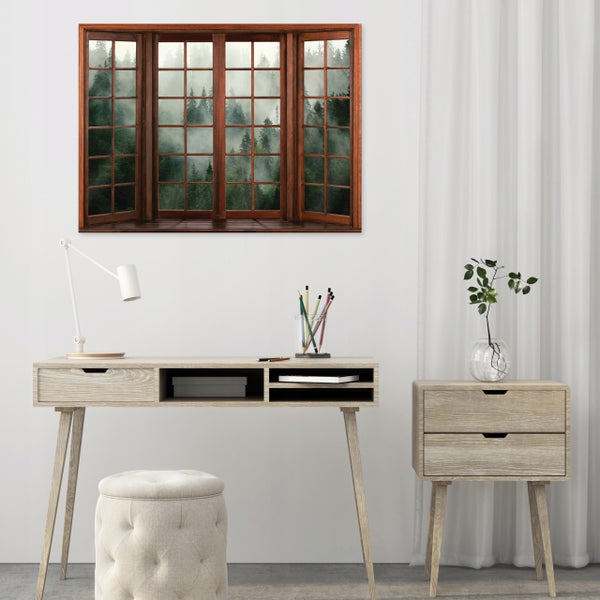 Hell und organisiert gestalteter Raum mit einem hellen Holzschreibtisch, passender Kommode, gepolstertem Hocker und einem Wandbild mit Waldmotiv.