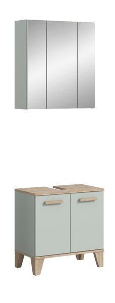 Badezimmermöbel Set bestehend aus einem Spiegelschrank mit drei Spiegeltüren und einem Waschbeckenunterschrank mit zwei Türen auf Standfüßen.