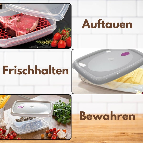 Bildercollage mit Frischhaltedosen für Auftauen, Frischhalten und Aufbewahren
