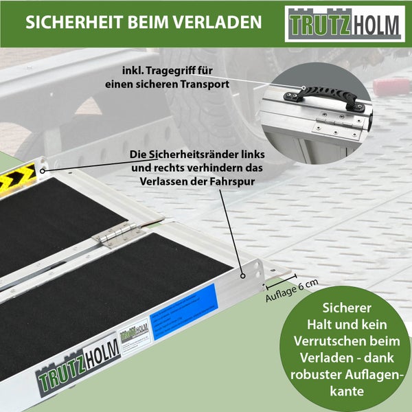 Detailansicht einer Aluminium Auffahrrampe von Trutzholm mit Tragegriff und Sicherheitsrändern