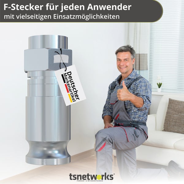 F-Stecker mit 'Deutscher Markenartikel' Siegel und ein Installateur, der einen Daumen hoch gibt