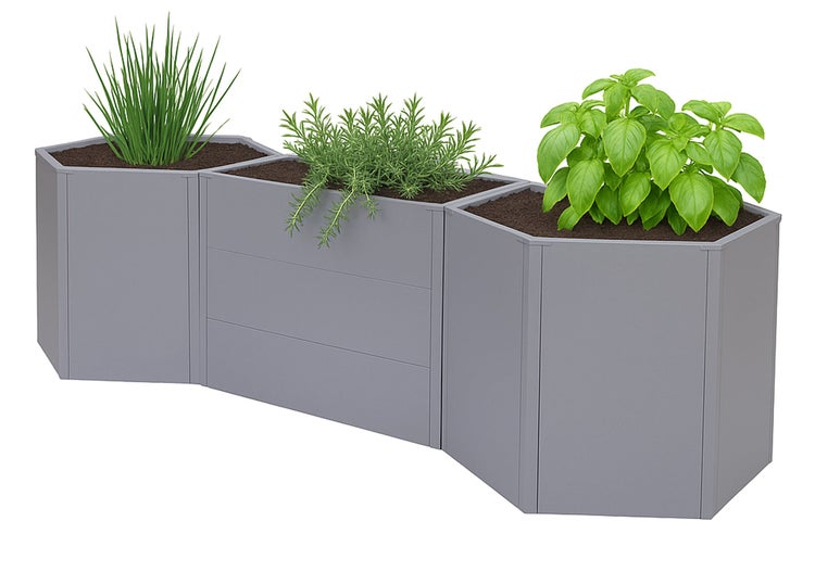 Modulares Hochbeet aus grauem Metall, bepflanzt mit Schnittlauch, Rosmarin und Basilikum.