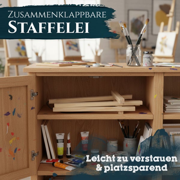 Zusammenklappbare Holzstaffelei in einem Schrank gelagert, umgeben von Malutensilien wie Farben und Pinseln in einem hellen Kunstatelier.
