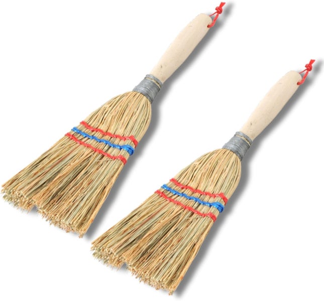 Handbesen aus Reisstroh mit Holzstiel, 2er-Set.