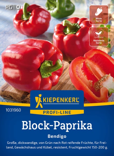 Saatgut Kiepenkerl Profi-Line Block-Paprika Bendigo mit Symbolen für milde und resistente Sorte auf einem Holzbrett.