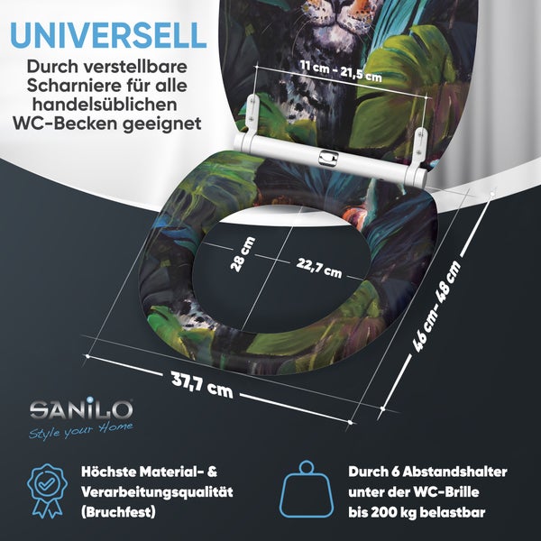Sanilo WC Sitz mit Dschungel Motiv und verstellbaren Scharnieren, belastbar bis 200 Kilogramm, mit Maßangaben für die Montage.