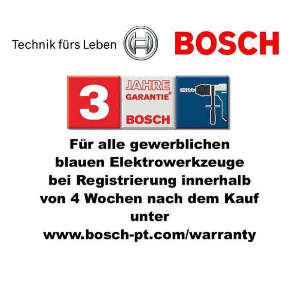 Bosch Logo mit Hinweis auf 3 Jahre Garantie für gewerbliche blaue Elektrowerkzeuge bei Registrierung innerhalb von 4 Wochen nach dem Kauf.