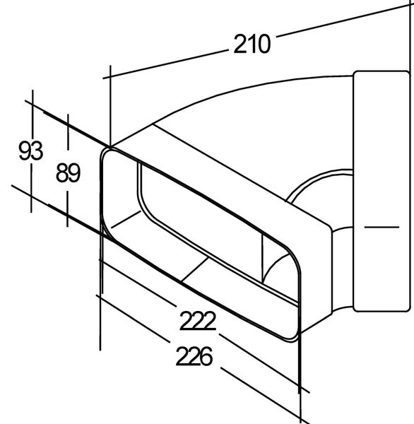 Technische Zeichnung eines Flachkanal Umlenkstueckes mit Bemaßung fuer die Lueftungstechnik
