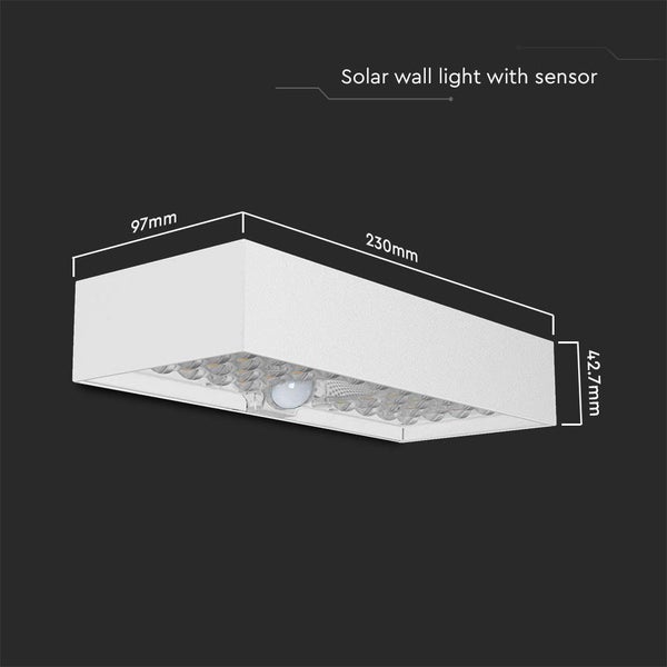 Solarwandleuchte mit Sensor und Abmessungen.