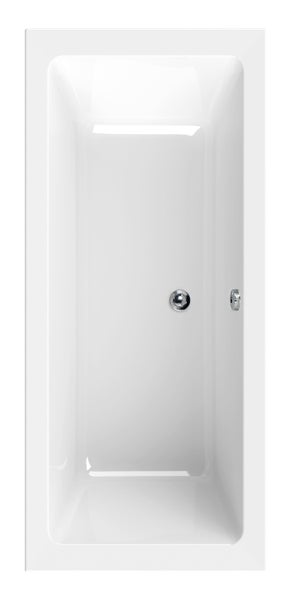 Rechteckige Badewanne in der Draufsicht mit mittigem Ablauf und Überlauf.