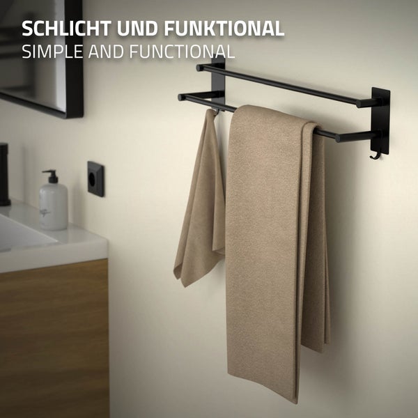 ML-Design Handtuchhalter ohne Bohren 59 cm mit 2 Handtuchstangen, 2 Haken, Schwarz, Stahl, Wandmontage, Badetuchhalter Doppelt zum kleben für Bad&Küche, Modern Wandhalter selbstklebend für Handtücher