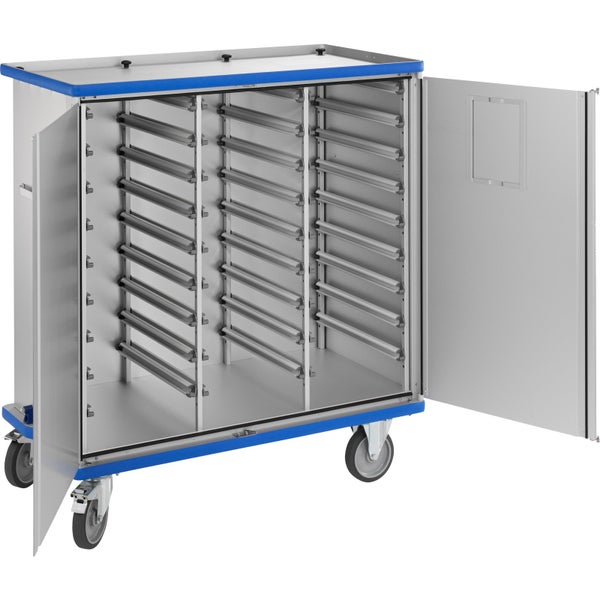 Rollwagen mit Fächern und zwei offenen Türen