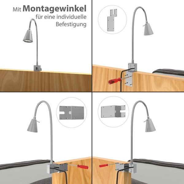 Bilderreihe einer Leselampe mit Befestigungswinkel für individuelle Montage