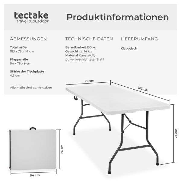 Campingtisch tectake  183 x 76 x 74 cm klappbar weiß