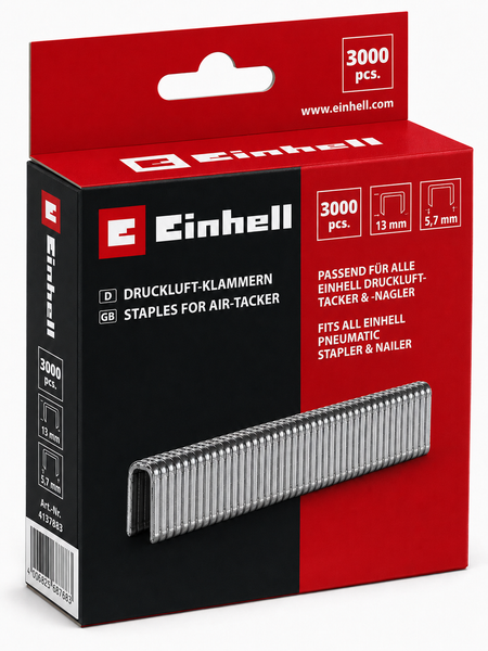 Einhell Druckluft Klammern Set mit 3000 Stück für Drucklufttacker und Nagler, 13 Millimeter Länge und 5,7 Millimeter Breite
