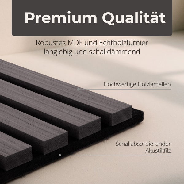 Akustikpaneel mit Holzlamellen aus MDF und Echtholzfurnier auf schallabsorbierendem Akustikfilz.