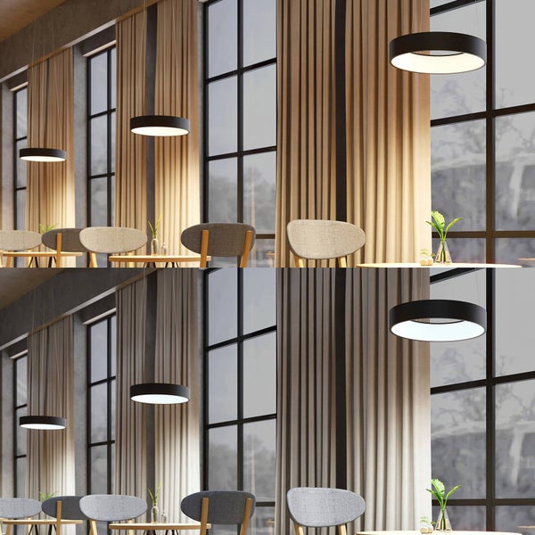 Vergleich von schwarzen LED-Ringpendelleuchten in einem Café mit warmweißem und kaltweißem Licht.