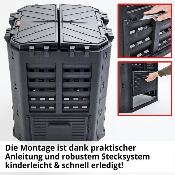 Komposter aus Kunststoff mit zwei Deckeln und Entnahmeklappe