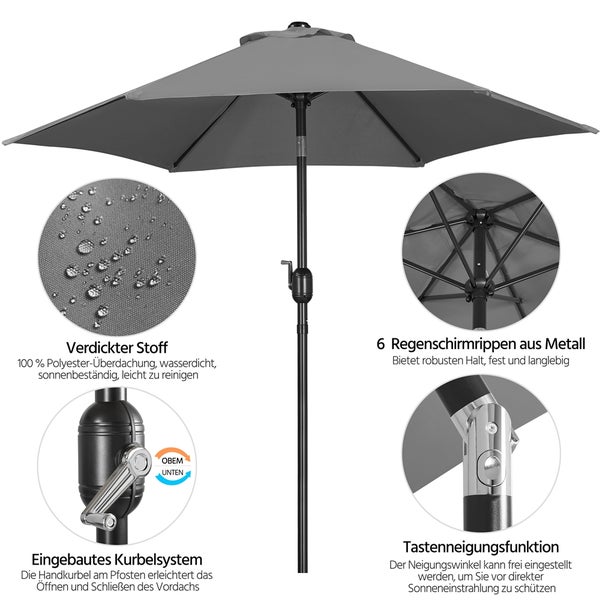 Grauer Sonnenschirm mit Kurbel und verstellbarer Neigung