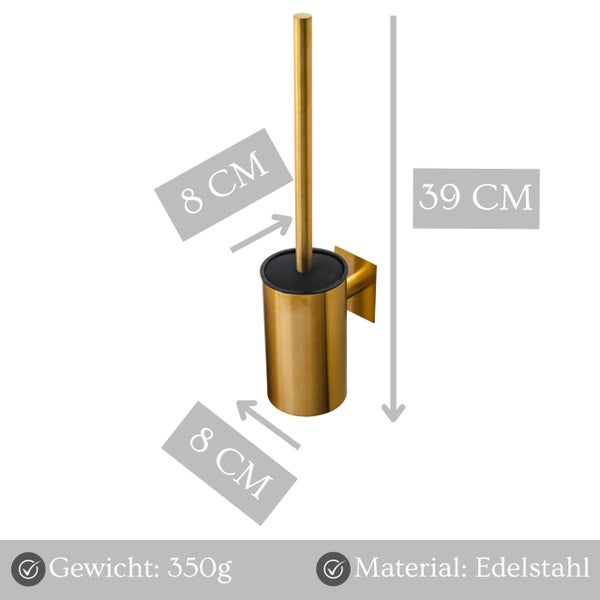 Wand-Toilettenbürstengarnitur aus Edelstahl mit Maßen und Gewichtsinformationen.
