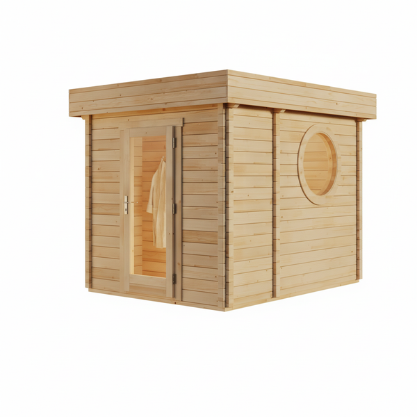 Modernes Saunahaus aus hellem Holz mit Flachdach, einer Glastür und einem runden Bullaugenfenster.