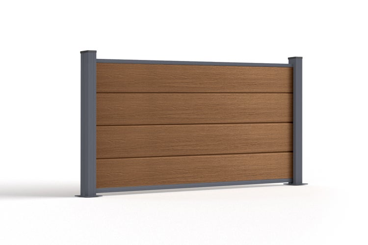 Sichtschutzzaun aus braunen Paneelen aus Holz-Kunststoff-Verbundwerkstoff mit einem anthrazitfarbenen Rahmen und Pfosten aus Metall.