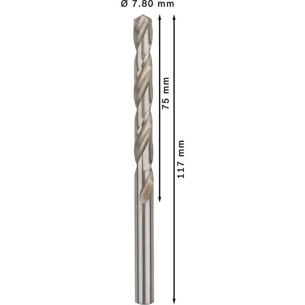 Metallbohrer mit den Maßen 7,80 mm Durchmesser, 75 mm Bohrlänge und 117 mm Gesamtlänge