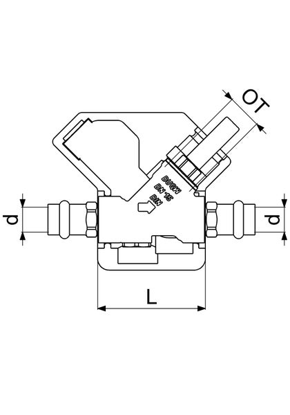 Technische Zeichnung eines Ventils mit Maßangaben für Länge, Durchmesser und Oberteil sowie Kennzeichnung der Durchflussrichtung.