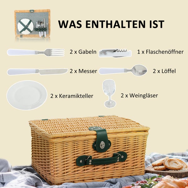 Outsunny Picknickkorb aus Weidenholz Picknickkoffer für 2 Personen mit Isoliert Kühlfach Besteck Set, Picknick Set Komplettset für Camping Strand Weihnachten Hellbraun