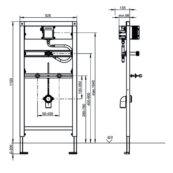 Technische Zeichnung eines Toiletten-Vorwandelements mit Frontansicht und Seitenansicht inklusive Maßangaben in Millimetern.