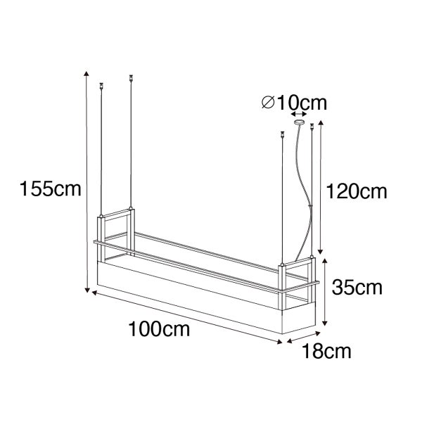 Technische Zeichnung einer Hängeleuchte mit den Maßen 155 cm Höhe, 100 cm Länge, 18 cm Breite, 120 cm Aufhängungshöhe und 10 cm Durchmesser.