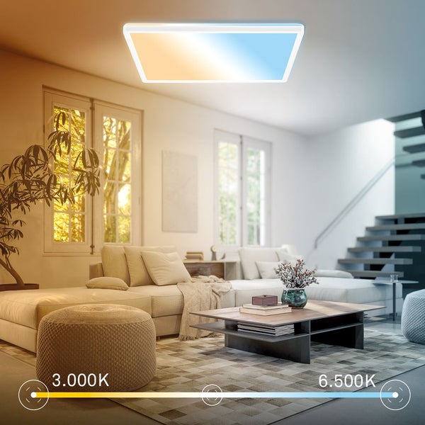 Moderne LED Deckenleuchte in einem Wohnzimmer mit einstellbarer Farbtemperatur von 3000 bis 6500 Kelvin zur individuellen Lichtgestaltung.