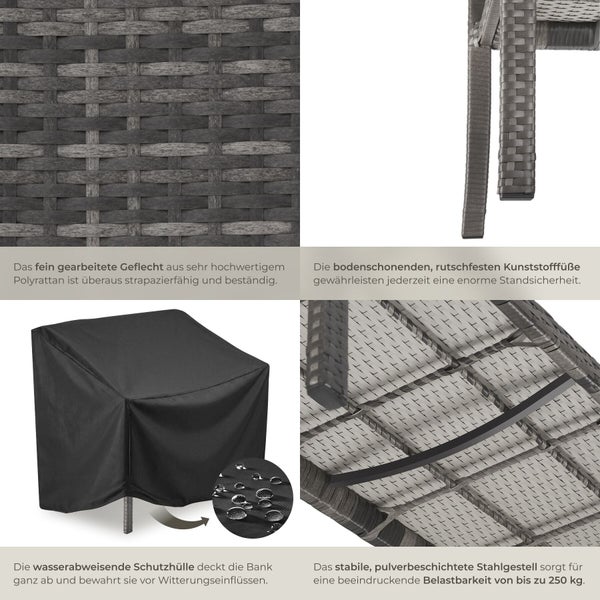 Details einer Gartenbank aus Polyrattan mit strapazierfähigem Geflecht, rutschfesten Kunststofffüßen, wasserabweisender Schutzhülle und Stahlgestell.