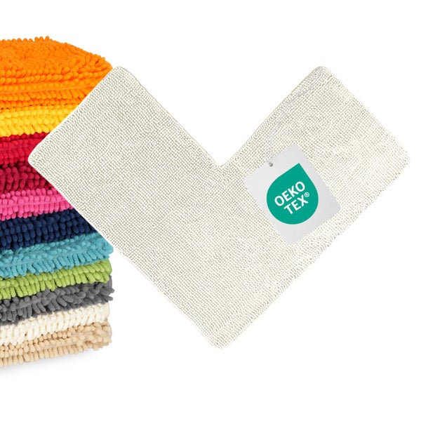 L-förmige Badematte mit Chenille-Struktur und Oeko-Tex Zertifikat.