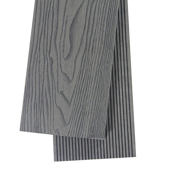 Montage-Set für WPC-Terrassendielen bestehend aus Schrauben, Metallclips, Distanzhaltern und gelben Schlagdübeln.