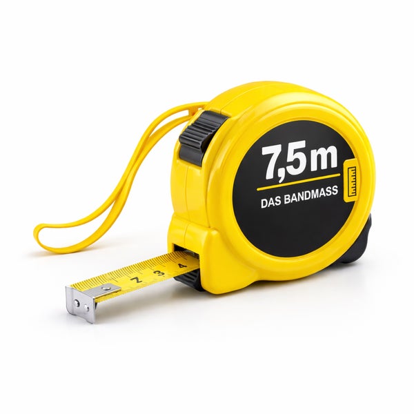 Gelbes Rollbandmaß mit 7,5 Meter Länge und Trageschlaufe.