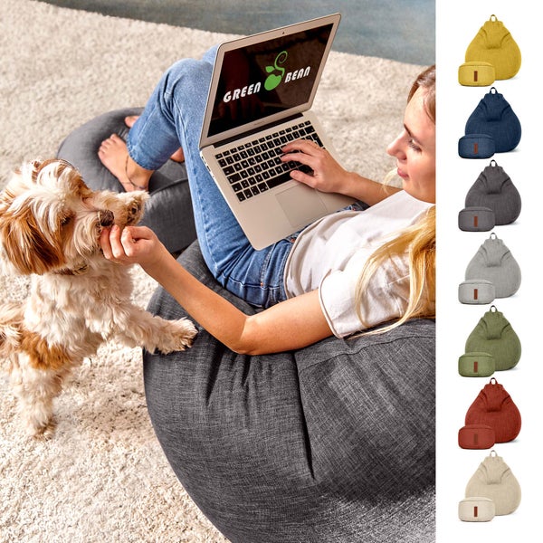 Green Bean 2er Set Indoor Sitzsack + Hocker mit EPS-Perlen Füllung - Fußhocker Fußkissen Sitz-Pouf Bodenkissen Liegekissen Sitzkissen Lounge Chair Sitzhocker Relax-Sessel Bean Bag Dunkelgrau Asphalt