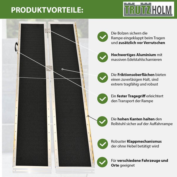 Produktvorteile einer klappbaren Aluminiumrampe von Trutzholm mit rutschfester Oberfläche, Tragegriff und robustem Klappmechanismus