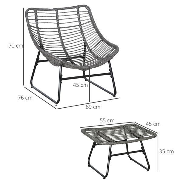 Outsunny Rattan Relaxsessel mit Fußhocker, mit Kissen, 69 x 76 x 70 cm, Stahl Polyester, Grau
